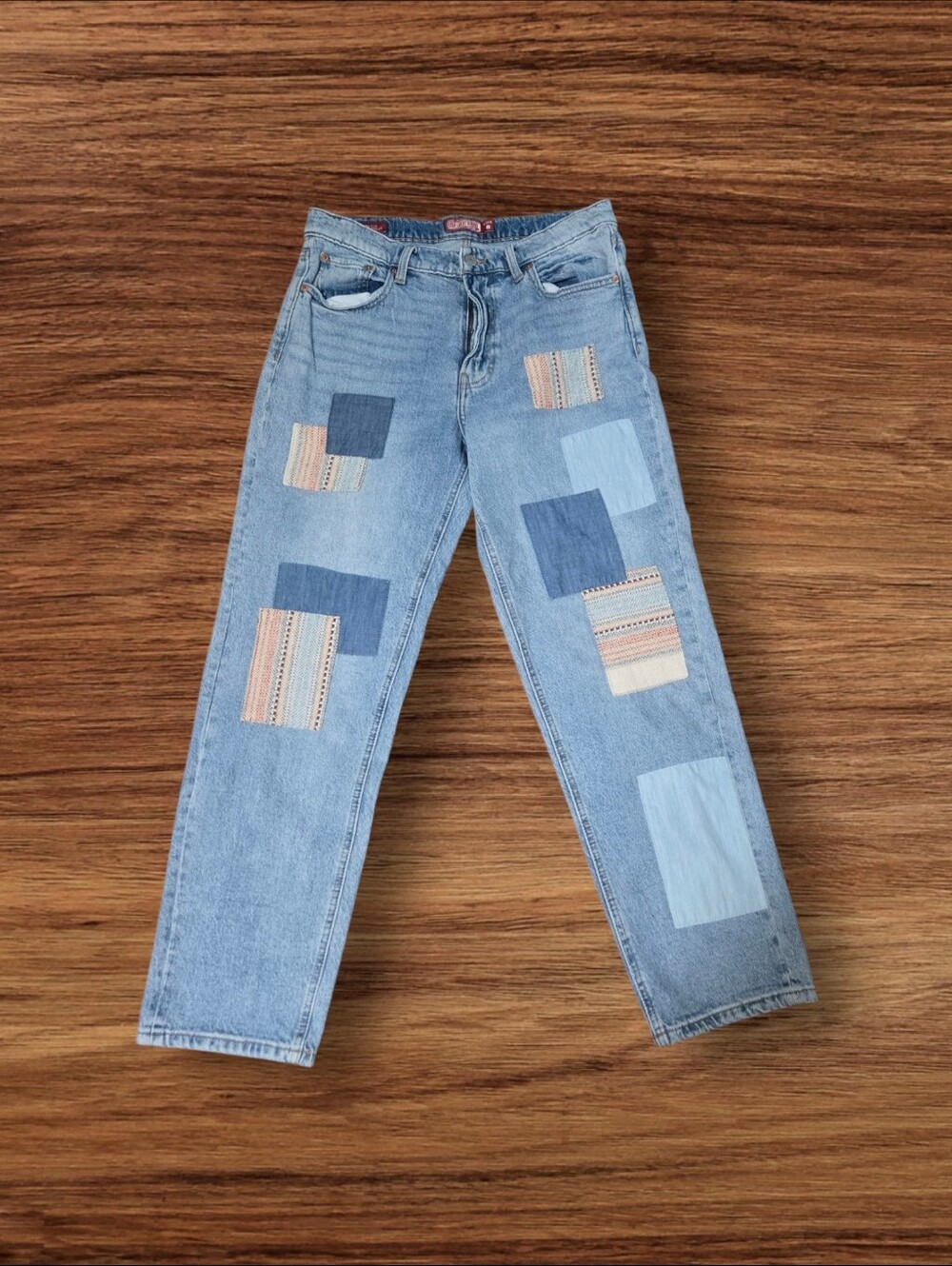 Lucky Legend Boy Mid Rise Relaxed Straight Patchwork Boho Hippie Barrel Jeans